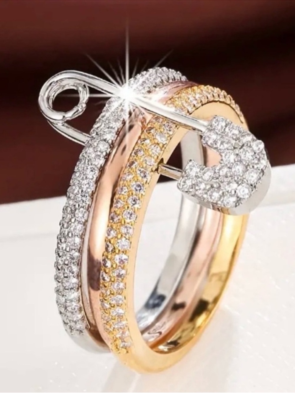 Tri-Tone Pavé Safety Pin Ring - Rose, Gold & Silver